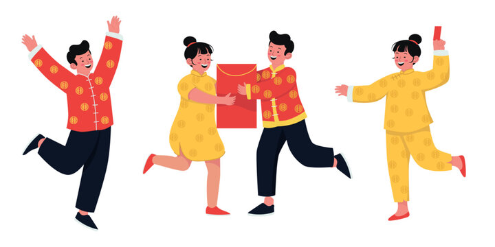 Flat illustration of cheerful kids celebrating Lunar New Year with big red envelopes symbolic patterns and festive outfits perfect for holiday projects posters social media themes branding needs and d