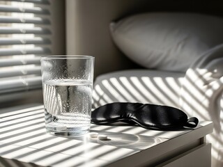 Morning Ritual Water, Pills, and Sleep Mask on Nightstand
