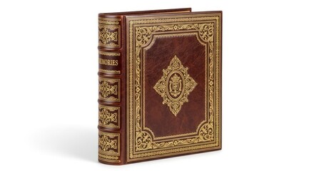 Closed leather-bound book with gold embossing on a white background