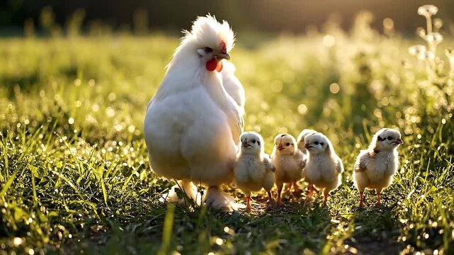 Hatchlings follow the mother in cinematic shots of hen chick