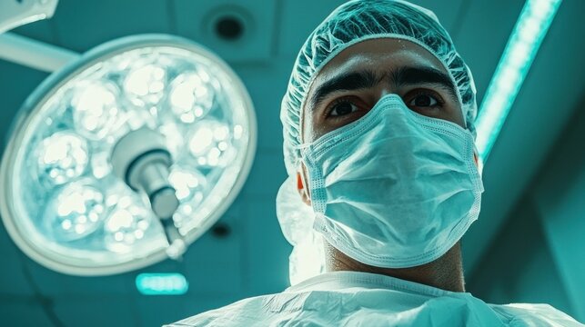 A surgeon in scrubs and a surgical mask performing a complex operation in a sterile operating room.