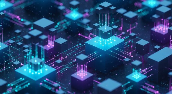 Abstract technology background with glowing cubes and lines representing data flow and processing power