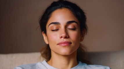 Young latin female girl woman portrait serene face closed eyes calm soft light indoor natural skin peaceful mood neutral background mindfulness relaxation beauty headshot casual sweater home