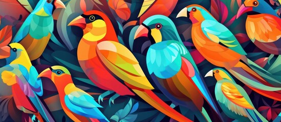 Vibrant and Colorful Abstract Painting of Tropical Birds in a Lush Jungle.