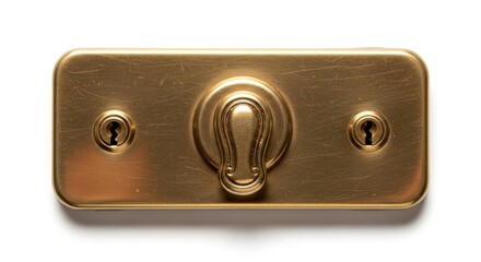 Brass door lock plate with a central knob and two keyholes on a white background.
