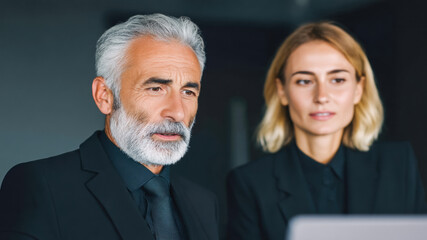 Senior mentor leader man young woman manager business team office laptop discussion guidance partnership focus strategy planning professional mood copy space confident collaboration