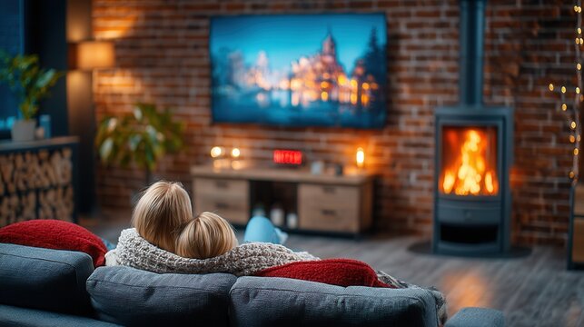 Cozy winter evening watching TV by the fireplace with loved ones creates a sense of warmth, connection, and holiday cheer for a relaxing family night in