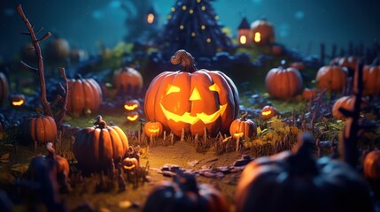 Spooky Halloween Night with Jack-o-Lanterns and Glowing Pumpkins in a Forest.