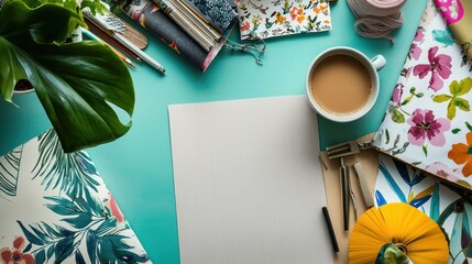 A flat-lay of a designer's desk, featuring pattern paper, sewing supplies, a cup of coffee, and a fabric swatch book.