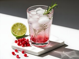 Refreshing pomegranate cocktail with rosemary and lime on white background