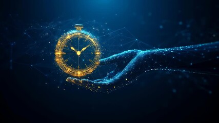 Abstract Digital Hand Holding Glowing Clock Representing Time and Future Technologies - Powered by Adobe