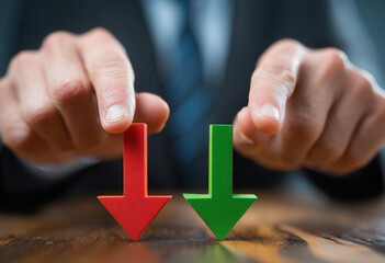 Businessman pointing at red and green arrows representing market trends in an office setting during a workday