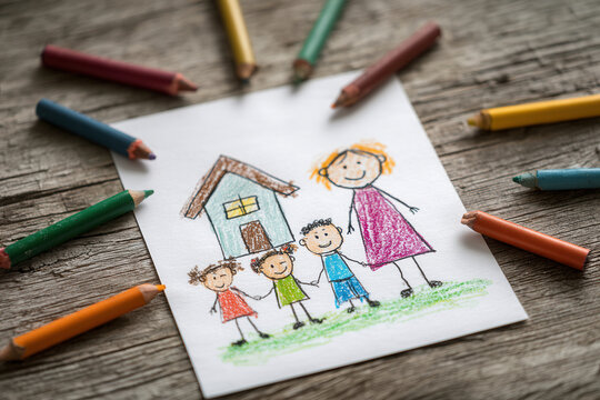 Children enjoy coloring with crayons while creating a drawing of their family and a house on a wooden table