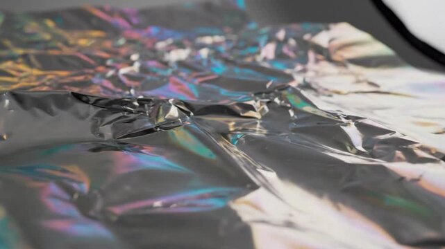 4K Crumpled Holographic Foil Texture Loop | Wrinkled Silver Mylar Background | Iridescent Crinkled Metal Abstract