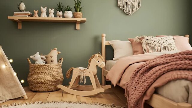 Cozy Boho Childrens Bedroom with Teepee and Rocking Horse.