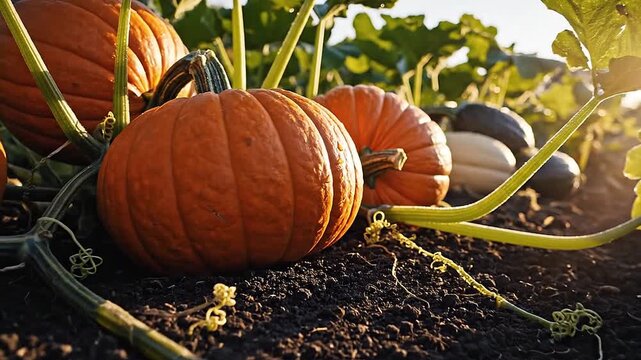 Heavy pumpkins sit on the dark soil in cinematic shots of vegetable garden squash