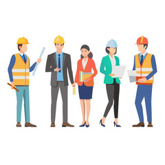 Collection of smiling male and female architects and construction engineers working on architecture project. Profession, occupation or job set. Colorful vector illustration in flat cartoon style.

