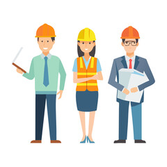 Collection of smiling male and female architects and construction engineers working on architecture project. Profession, occupation or job set. Colorful vector illustration in flat cartoon style.

