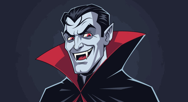 Mysterious vampire with striking red eyes and sharp fangs, perfect for Halloween promotions or gothic themed designs with a retro cartoon style illustration
