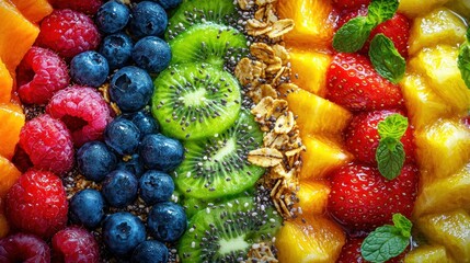Obraz premium A close-up of a colorful smoothie bowl, garnished with fresh fruit, granola, and chia seeds.