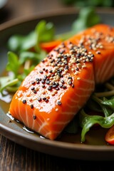 Delicious Glazed Salmon with Sesame Seeds on Greens.