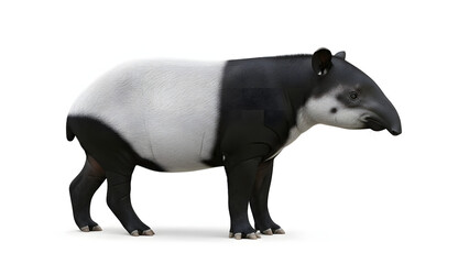Majestic Malayan Tapir Posing Proudly on White Backdrop for Educational Wildlife Content or Conservation Awareness Campaigns with Striking Contrasts
