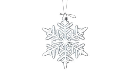 Elegant silver snowflake ornament hanging, perfect for winter holiday promotions or creating a festive Christmas atmosphere in your designs and marketing materials