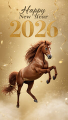 金色の背景を飛翔する馬が2026年の幸せな新年を象徴するインパクトのある縦長年賀デザイン. 生成AI