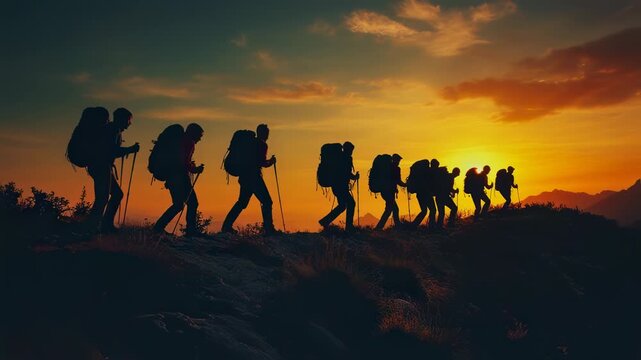 Silhouetted Hikers with Backpacks Trekking Across Mountain Ridge at Sunset Adventure