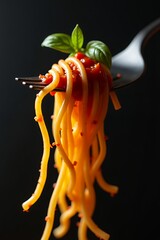 Delicious Spaghetti with Tomato Sauce and Basil on a Fork.