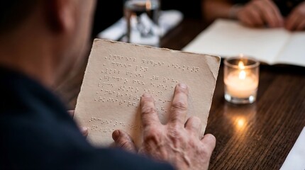 Person reading braille on paper with fingers, close-up of hand touching raised dots on document at table