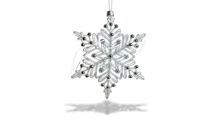 Stunning silver snowflake ornament shimmering against a clean white backdrop, perfect for festive holiday designs and winter celebrations
