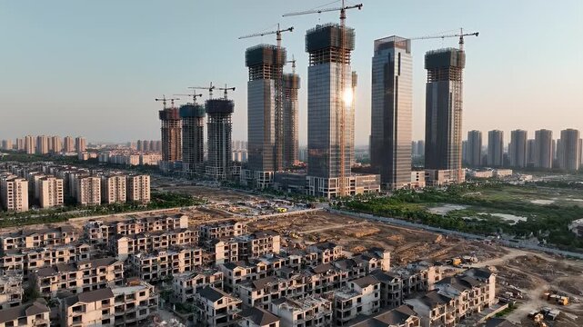 Construction site with skyscrapers and lowrise buildings under development.