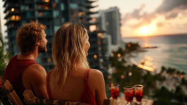 Stunning couple enjoying sunset cocktails overlooking the ocean from their luxury balcony, a romantic tropical vacation getaway in paradise