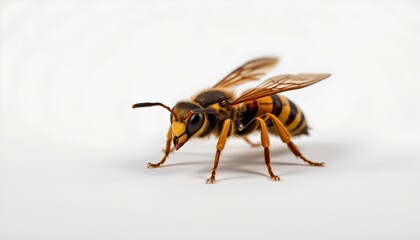 A bee perched on a white surface, its body angled to one side as it gazes forward, poised in mid air.