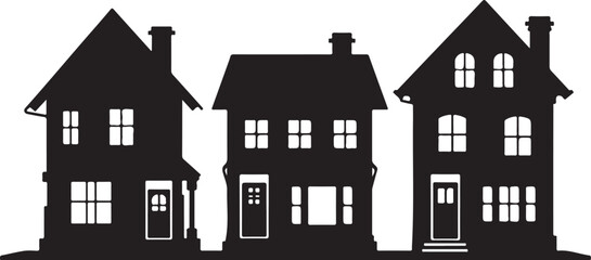 Fototapeta premium Three black silhouette houses with white windows and doors