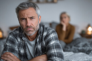 Man looking pensive while woman sits in the background, capturing a moment of tension in a bedroom setting