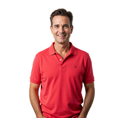 Obraz premium Smiling man in red polo shirt confidently poses for professional headshot photography isolated on transparent background
