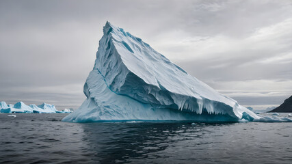 Massive Melting Iceberg Floating in Dark Polar Waters Under Overcast Sky