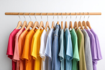 Fototapeta premium Colorful collection of t-shirts hanging on a wooden rack in a bright indoor space