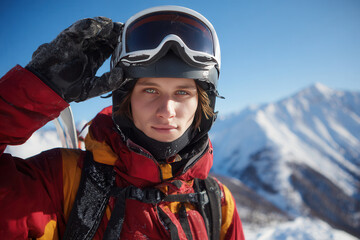 Young skier poses confidently on snowy mountain with bright blue sky in background during a winter sports adventure