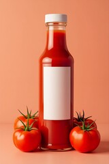 Fresh Tomato Ketchup Bottle with Blank Label and Tomatoes.