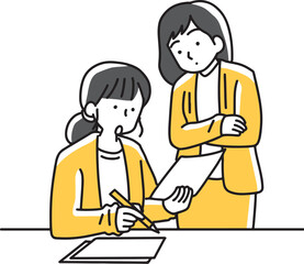 紙に書いて質問する女性社員