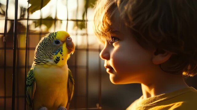 Childhood wonder: Boy gazes at budgie in cage with golden light, creating a heartwarming scene