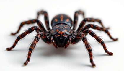 An up close view of a venomous jumping spider, exhibiting its vivid red and black coloration with distinctive orange markings