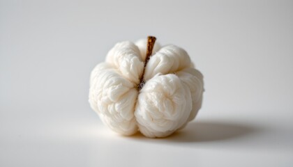 A close up view of a woven beige fabric apple with its stem intact, resting against a plain white background.