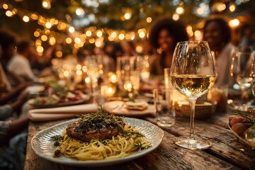 Fototapeta premium Cozy dinner party scene focused on a plate of food and wine glasses with a blurred group of friends chatting in the background with lights.