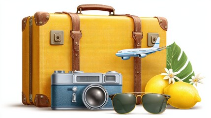 Exploring Summer Vacation Themes With Travel Essentials Like a Suitcase, Camera, Plane, and Fresh Lemons