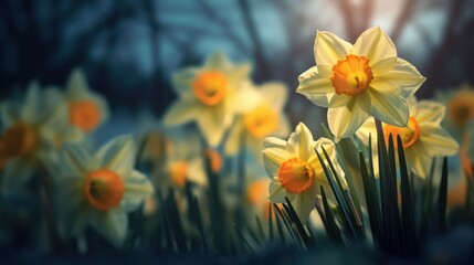 Fototapeta premium Close-up of bright yellow daffodils blooming in a garden during springtime.