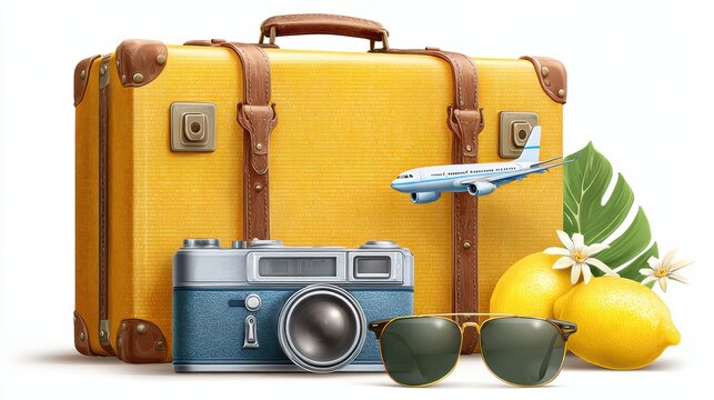 Exploring Summer Vacation Themes With Travel Essentials Like a Suitcase, Camera, Plane, and Fresh Lemons